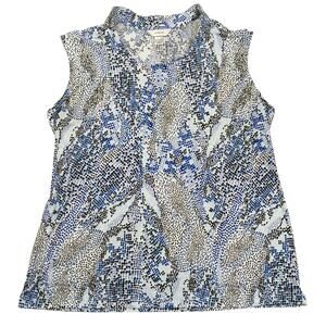 CJ Banks Top Sleeveless Blouse V-Neck Printed Career Top Womens Blue White Black